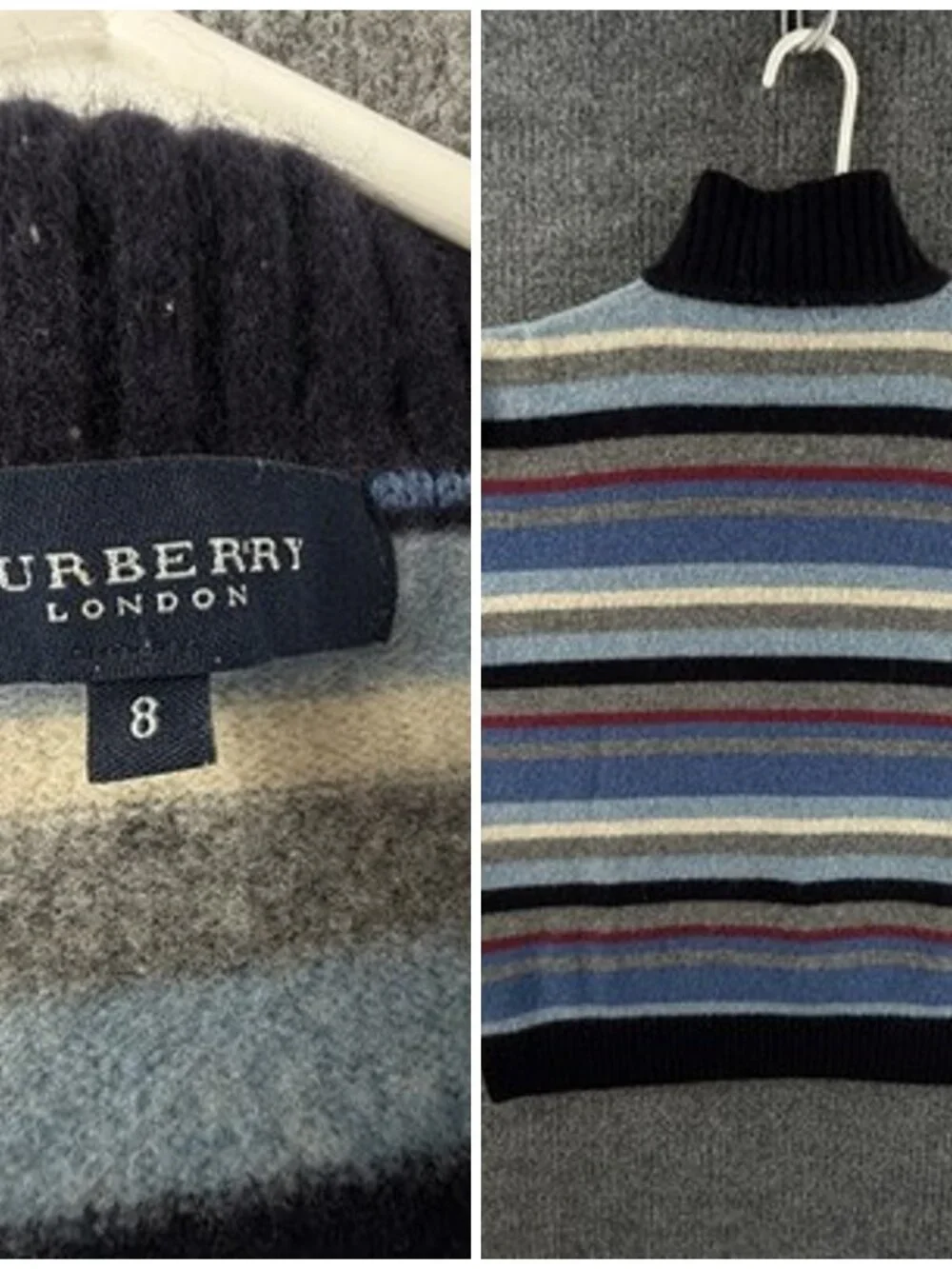 Burberry London 8 Long Sleeve Logo 1/4 Zip Striped Pullover Blue Gray Wool Mens